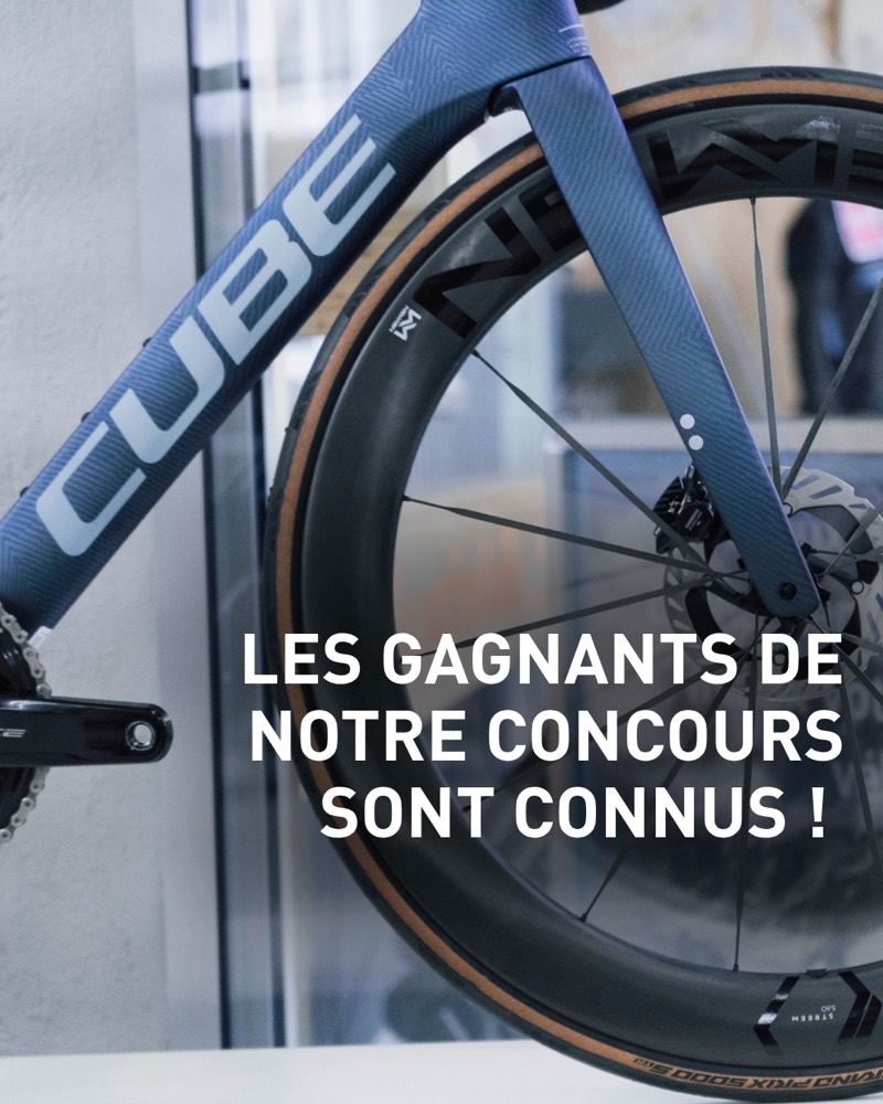 Instagram-Beitrag, Bild 1 von 5: «Les gagnants de notre concours sont connus !» – die Gewinner stehen fest. Ein CUBE Rennrad im Store.
